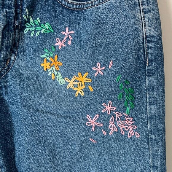 Vintage Lucky Sz 2 Y2K Dungarees Low Rise Flare Jeans Floral Hand Embroidery - Picture 5 of 9